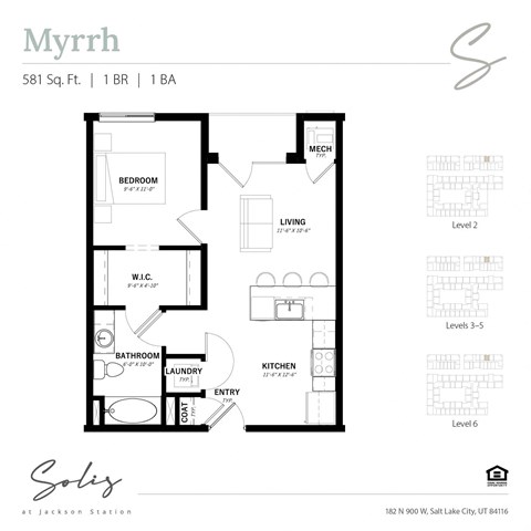 Floor plan for 1 bed, 1 bath, 581 sqft