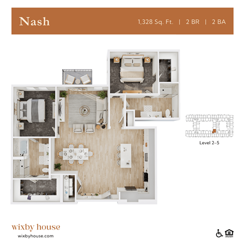 Floor plan for 2 beds, 2 baths, 1328 sqft