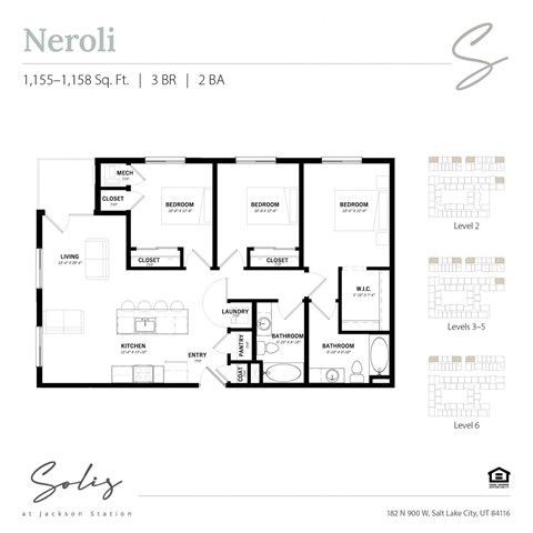 Floor plan for 3 beds, 2 baths, 1158 sqft