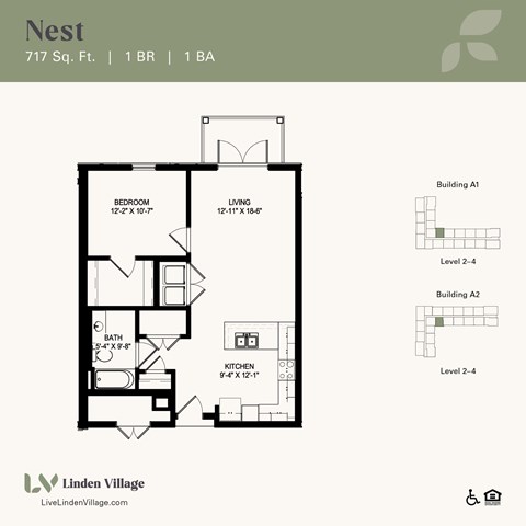 Floor plan for 1 bed, 1 bath, 717 sqft