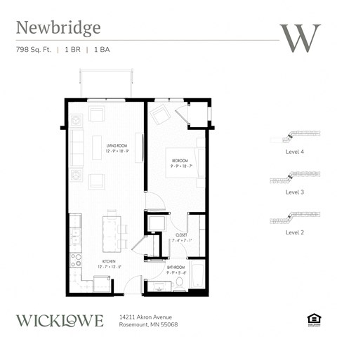 Floor plan for 1 bed, 1 bath, 799 sqft
