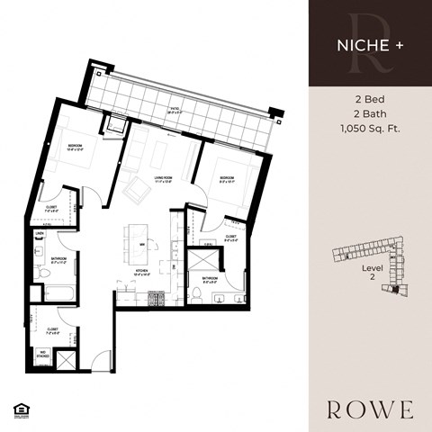 Floor plan for 2 beds, 2 baths, 1050 sqft