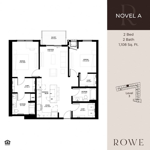 Floor plan for 2 beds, 2 baths, 1108 sqft