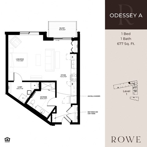 Floor plan for 1 bed, 1 bath, 677 sqft