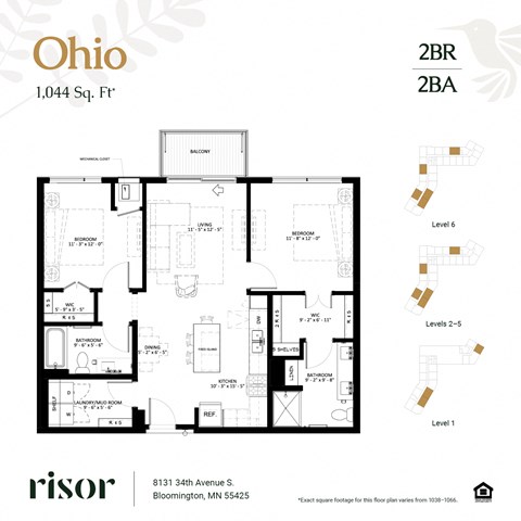 Floor plan for 2 beds, 2 baths, 1044 sqft