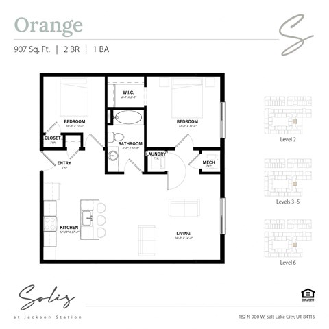 Floor plan for 2 beds, 1 bath, 907 sqft