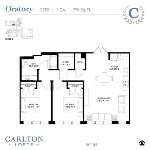 Floor plan for 2 beds, 1 bath, 876 sqft