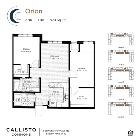 Floor plan for 2 beds, 1 bath, 970 sqft