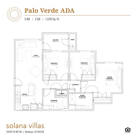 Floor plan for 3 beds, 2 baths, 1229 sqft