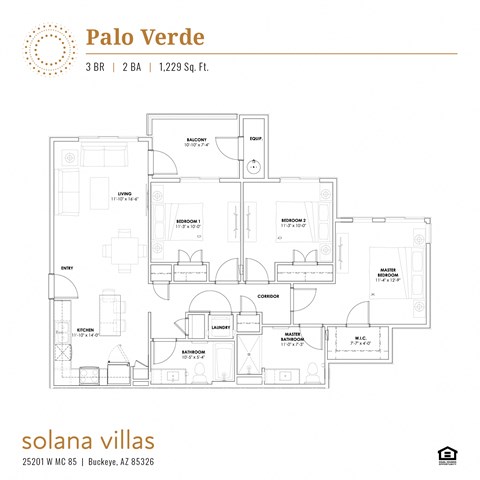 Floor plan for 3 beds, 2 baths, 1229 sqft