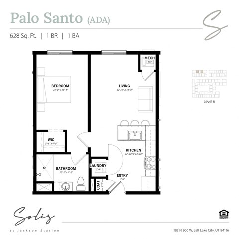 Floor plan for 1 bed, 1 bath, 628 sqft