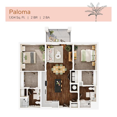 Floor plan for 2 beds, 2 baths, 1104 sqft