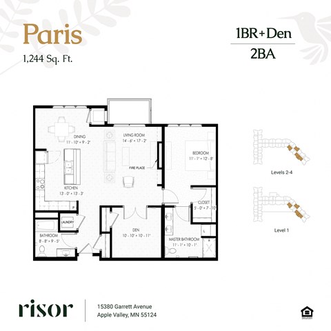Floor plan for 1 bed, 2 baths, 1244 sqft