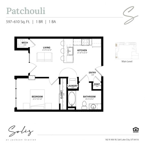 Floor plan for 1 bed, 1 bath, 610 sqft