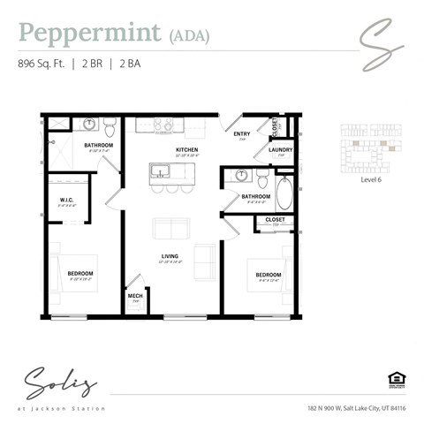 Floor plan for 2 beds, 2 baths, 896 sqft