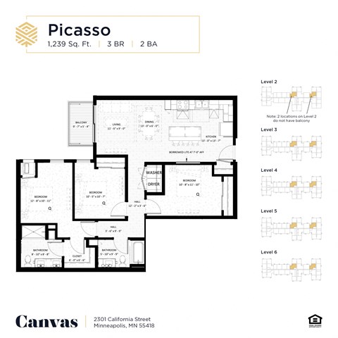 Floor plan for 3 beds, 2 baths, 1239 sqft