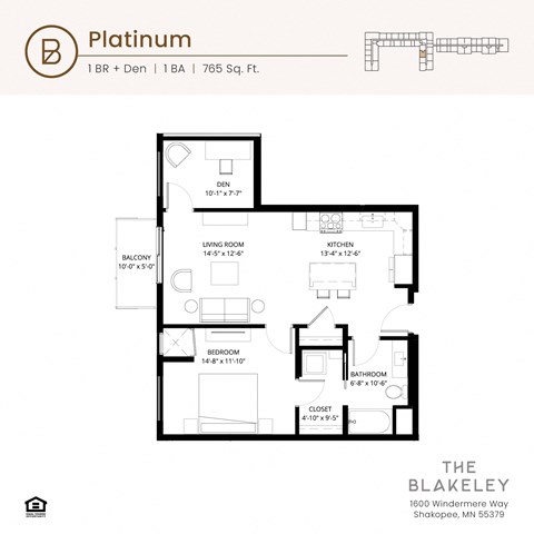 Floor plan for 1 bed, 1 bath, 765 sqft