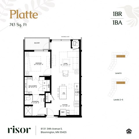 Floor plan for 1 bed, 1 bath, 743 sqft