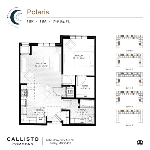 Floor plan for 1 bed, 1 bath, 749 sqft