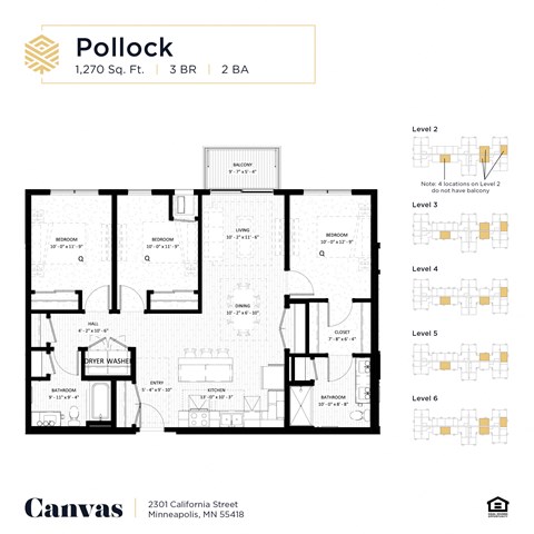 Floor plan for 3 beds, 2 baths, 1270 sqft