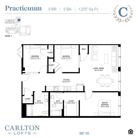 Floor plan for 3 beds, 2 baths, 1207 sqft