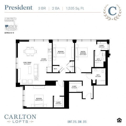 Floor plan for 3 beds, 2 baths, 1507 sqft