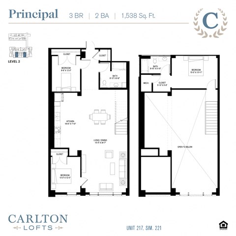 Floor plan for 3 beds, 2 baths, 1538 sqft