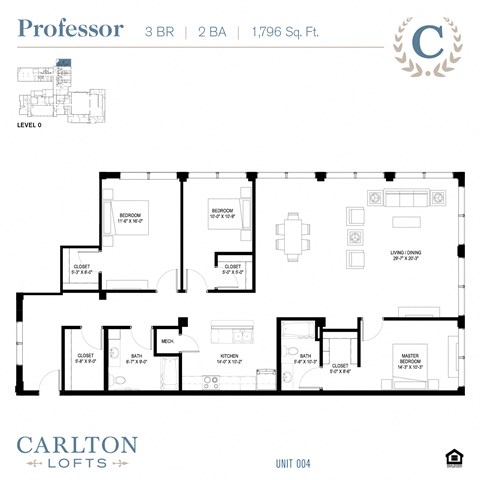 Floor plan for 3 beds, 2 baths, 1796 sqft