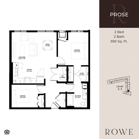 Floor plan for 2 beds, 1 bath, 930 sqft