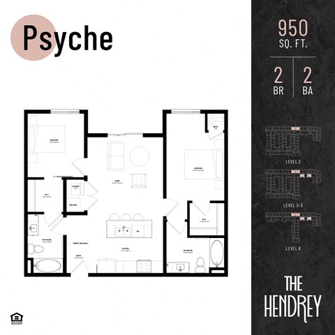 Floor plan for 2 beds, 2 baths, 950 sqft
