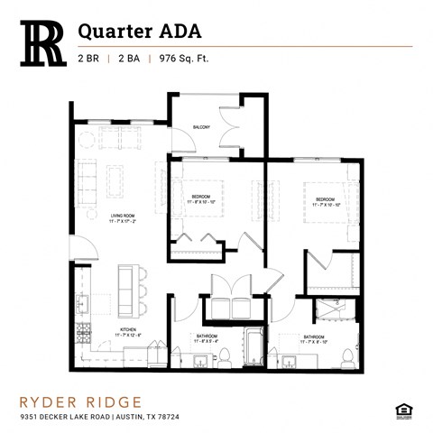 Floor plan for 2 beds, 2 baths, 976 sqft