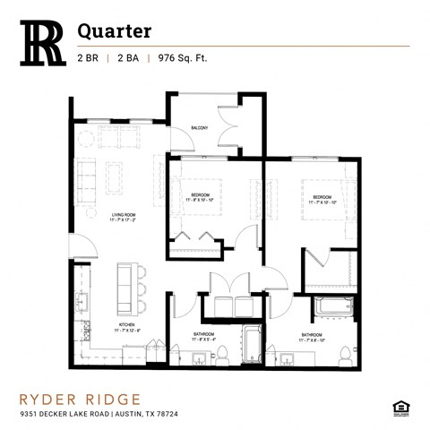Floor plan for 2 beds, 2 baths, 976 sqft