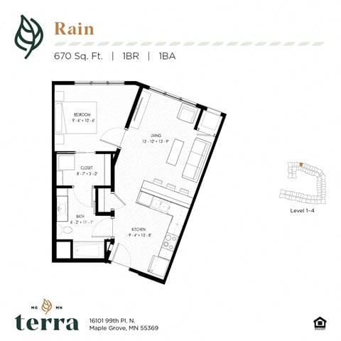 Floor plan for 1 bed, 1 bath, 670 sqft