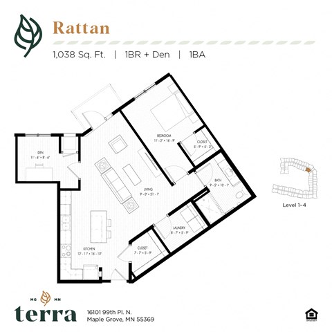 Floor plan for 1 bed, 1 bath, 1038 sqft