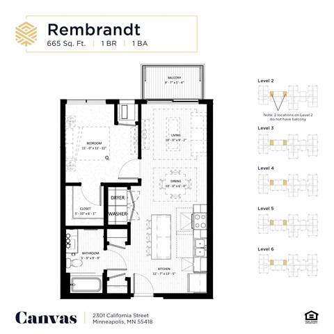 Floor plan for 1 bed, 1 bath, 665 sqft