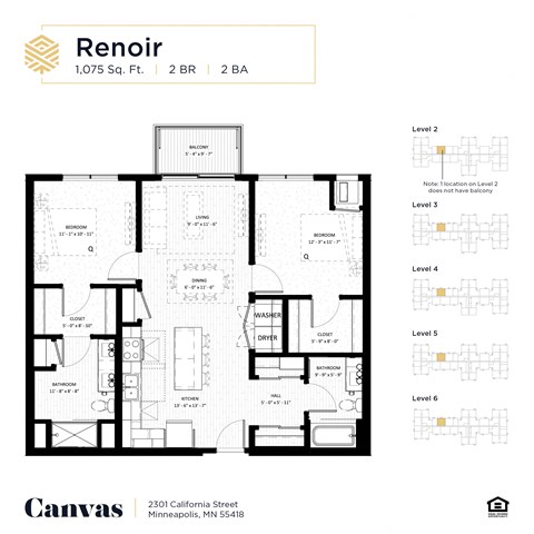 Floor plan for 2 beds, 2 baths, 1075 sqft