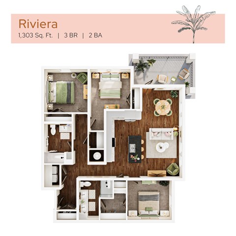Floor plan for 3 beds, 2 baths, 1303 sqft