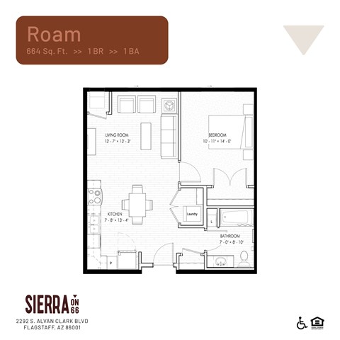 Floor plan for 1 bed, 1 bath, 664 sqft