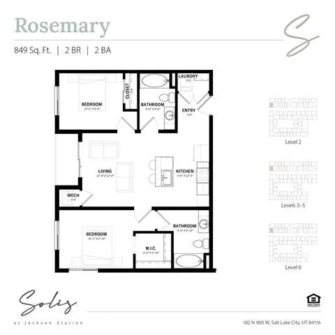 Floor plan for 2 beds, 2 baths, 849 sqft