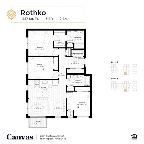 Floor plan for 3 beds, 2 baths, 1375 sqft