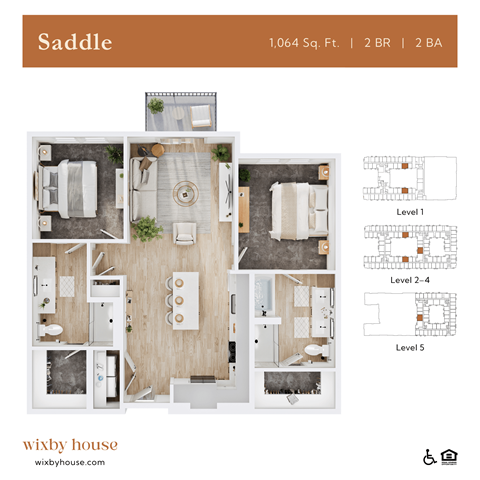 Floor plan for 2 beds, 2 baths, 1064 sqft