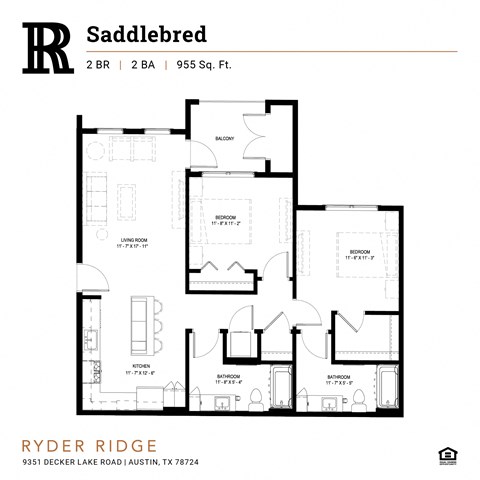 Floor plan for 2 beds, 2 baths, 955 sqft