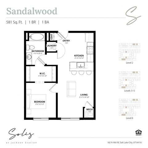 Floor plan for 1 bed, 1 bath, 581 sqft