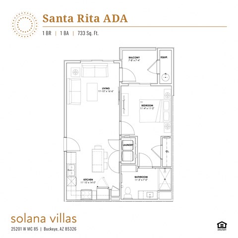 Floor plan for 1 bed, 1 bath, 733 sqft
