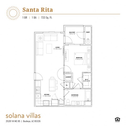 Floor plan for 1 bed, 1 bath, 733 sqft