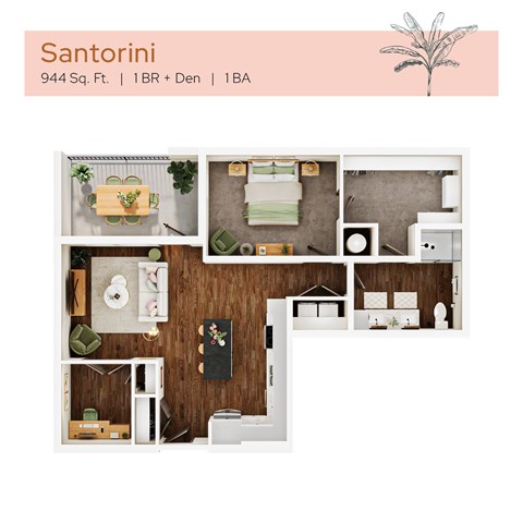 Floor plan for 1 bed, 1 bath, 944 sqft
