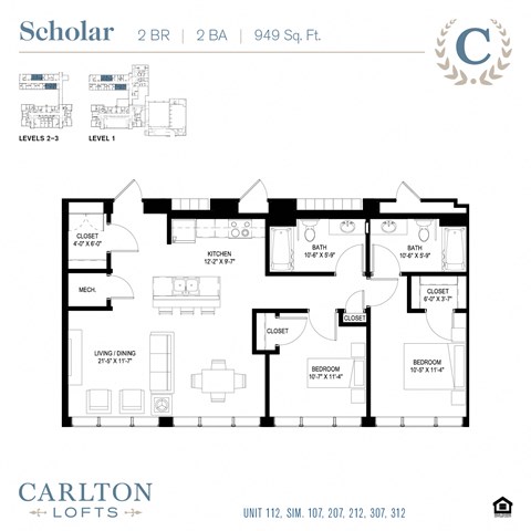 Floor plan for 2 beds, 2 baths, 946 sqft
