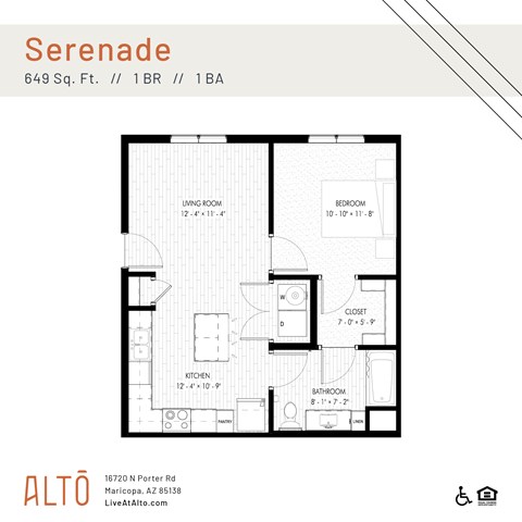 Floor plan for 1 bed, 1 bath, 649 sqft