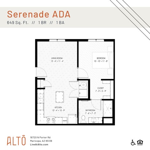 Floor plan for 1 bed, 1 bath, 649 sqft