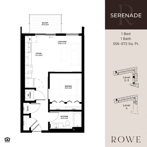 Floor plan for 1 bed, 1 bath, 556 sqft